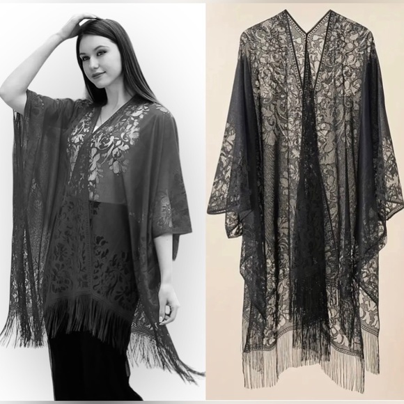 New Shawl Solid Black Tassel Embroidered Sheer Kimono Festival Beach Cover Up - Picture 13 of 13
